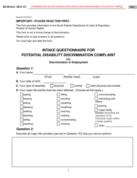 SD Form 2013 Intake Questionnaire for Potential Disability Discrimination Complaint for Discrimination in Employment - South Dakota
