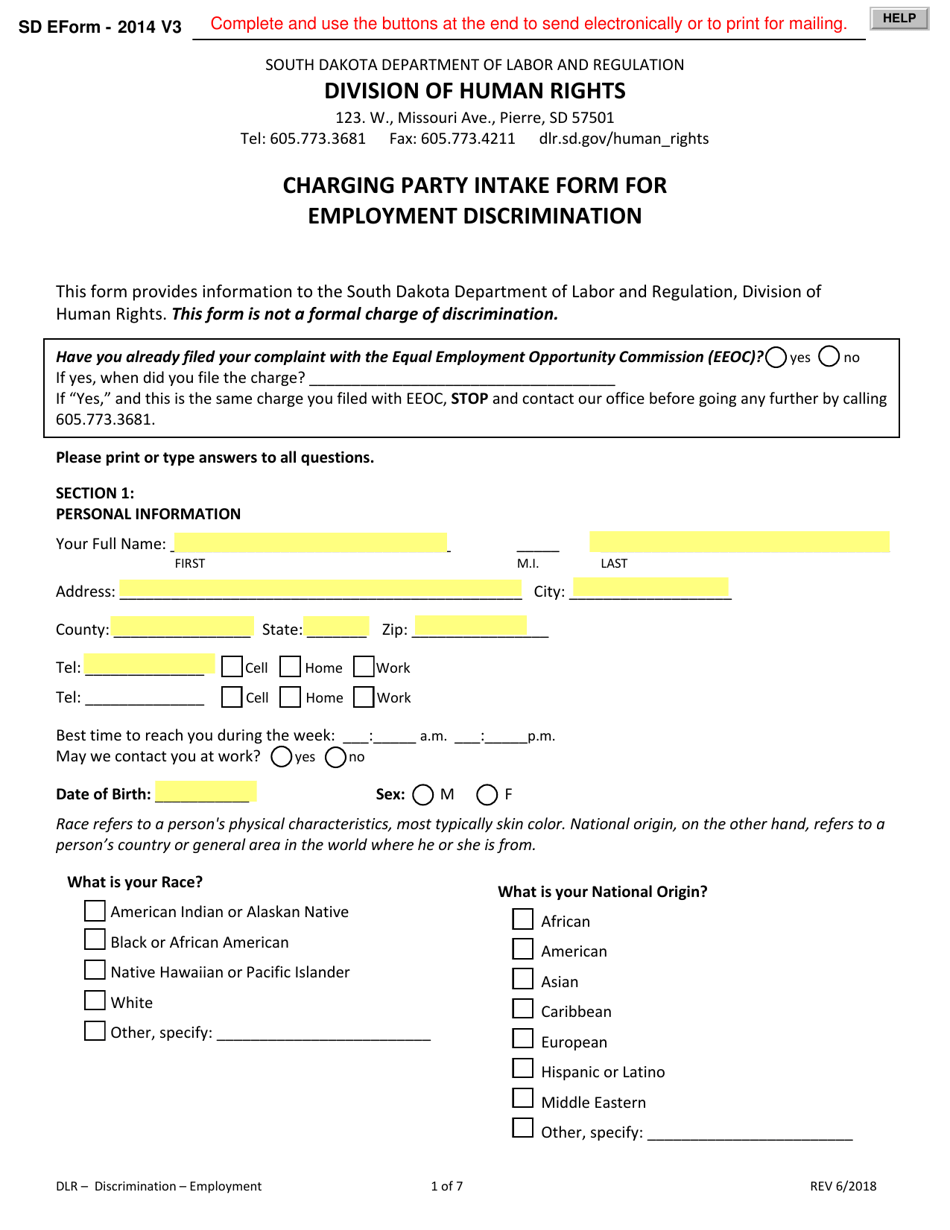 SD Form 2014 Charging Party Intake Form for Employment Discrimination - South Dakota, Page 1