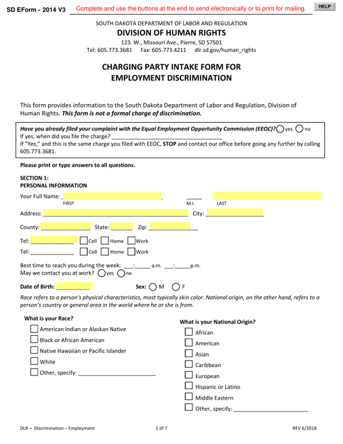 SD Form 2014 Charging Party Intake Form for Employment Discrimination - South Dakota