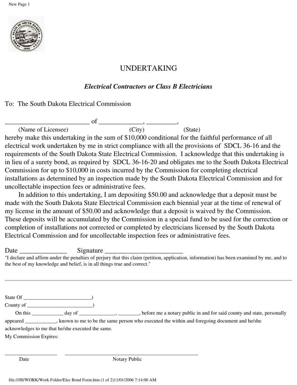 Electrical Contractor and Class B Electricians Bond Application - South Dakota, Page 1