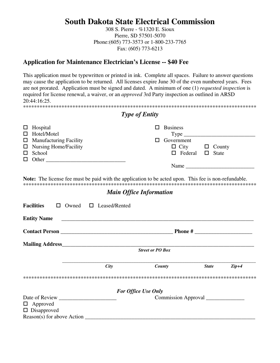 South Dakota Application for Maintenance Electrician's License Fill