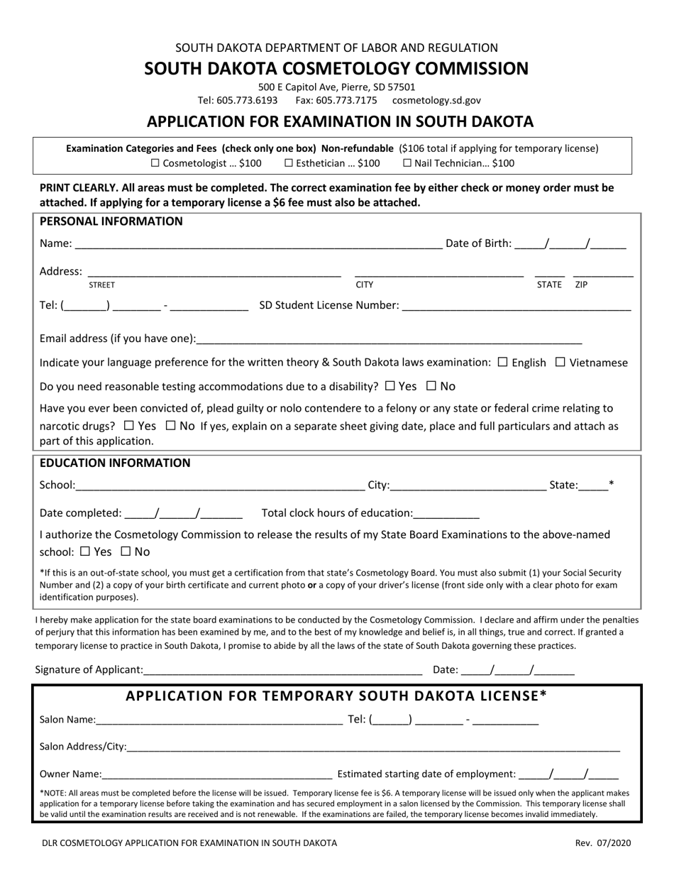 Application for Examination in South Dakota - South Dakota, Page 1