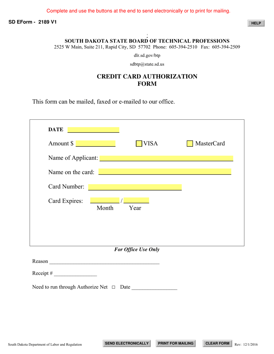 SD Form 2189 Credit Card Authorization Form - South Dakota, Page 1