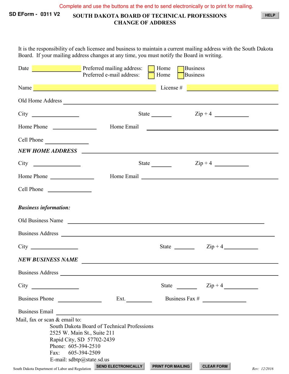 SD Form 0311 Change of Address - South Dakota, Page 1