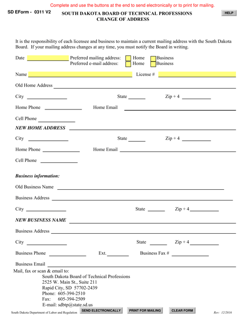 SD Form 0311 Change of Address - South Dakota