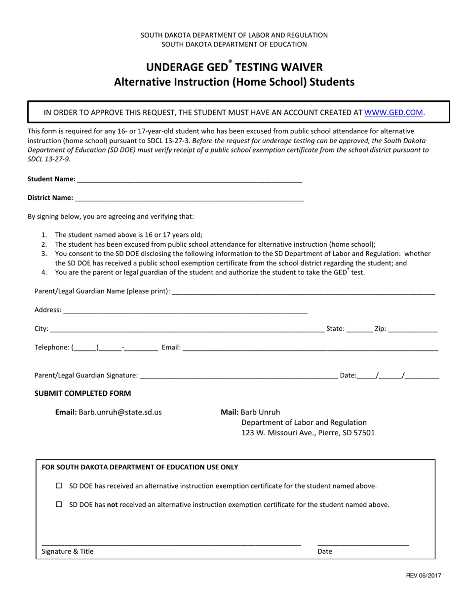 South Dakota Underage Ged Testing Waiver Alternative Instruction (Home