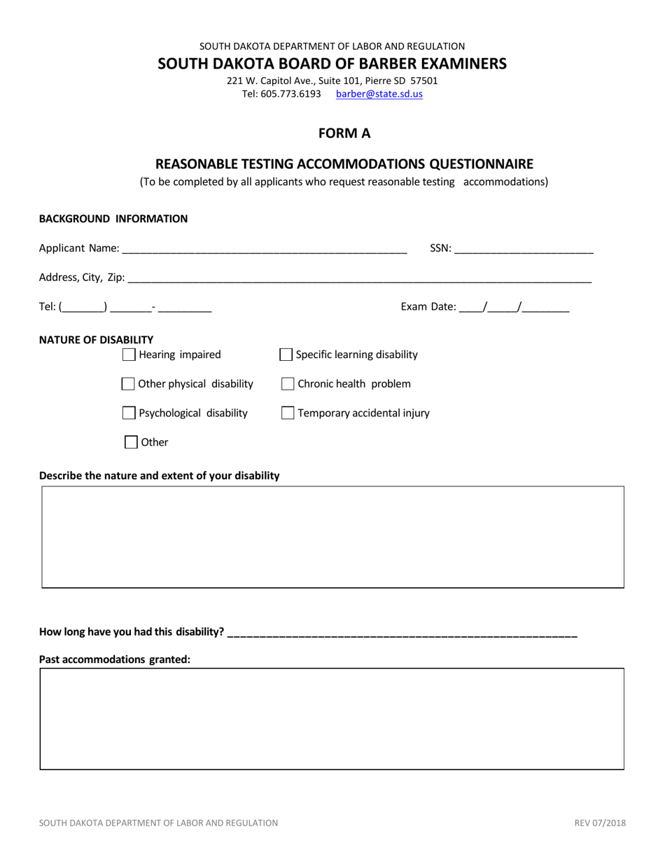 Form A Reasonable Testing Accommodations Questionnaire - South Dakota, Page 1