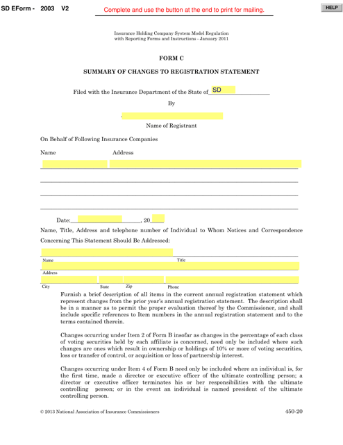 Form C (SD Form 2003) Summary of Changes to Registration Statement - South Dakota