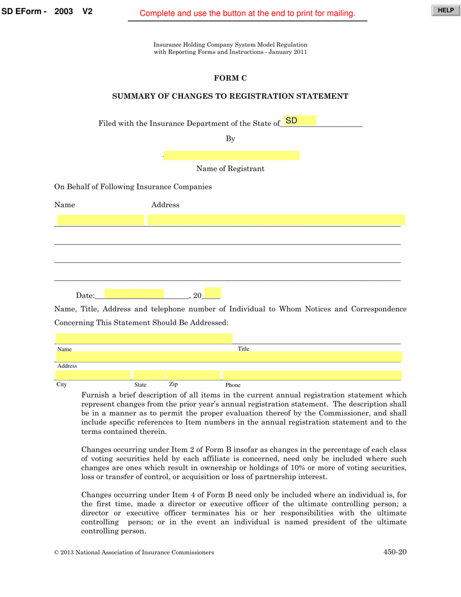 Form C (SD Form 2003) Summary of Changes to Registration Statement - South Dakota, Page 1