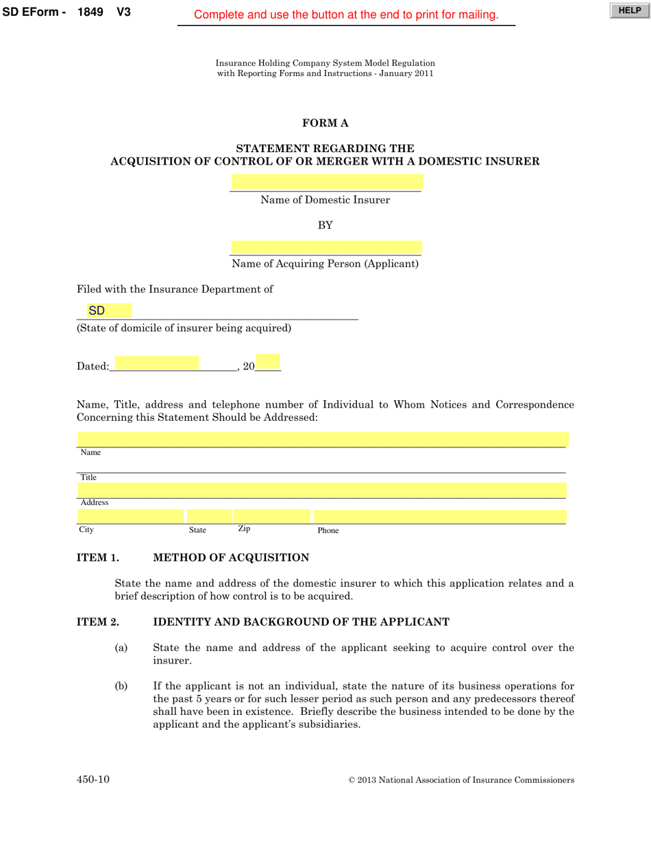 Form A (SD Form 1849) Statement Regarding the Acquisition of Control of or Merger With a Domestic Insurer - South Dakota, Page 1