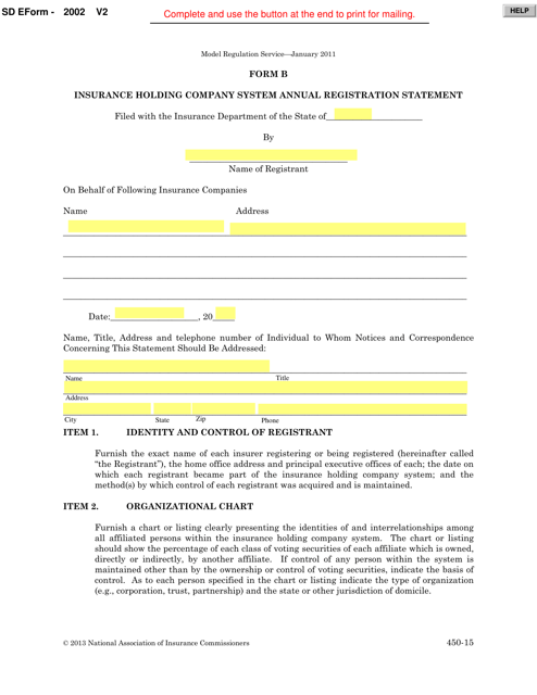Form B (SD Form 2002) Insurance Holding Company System Annual Registration Statement - South Dakota