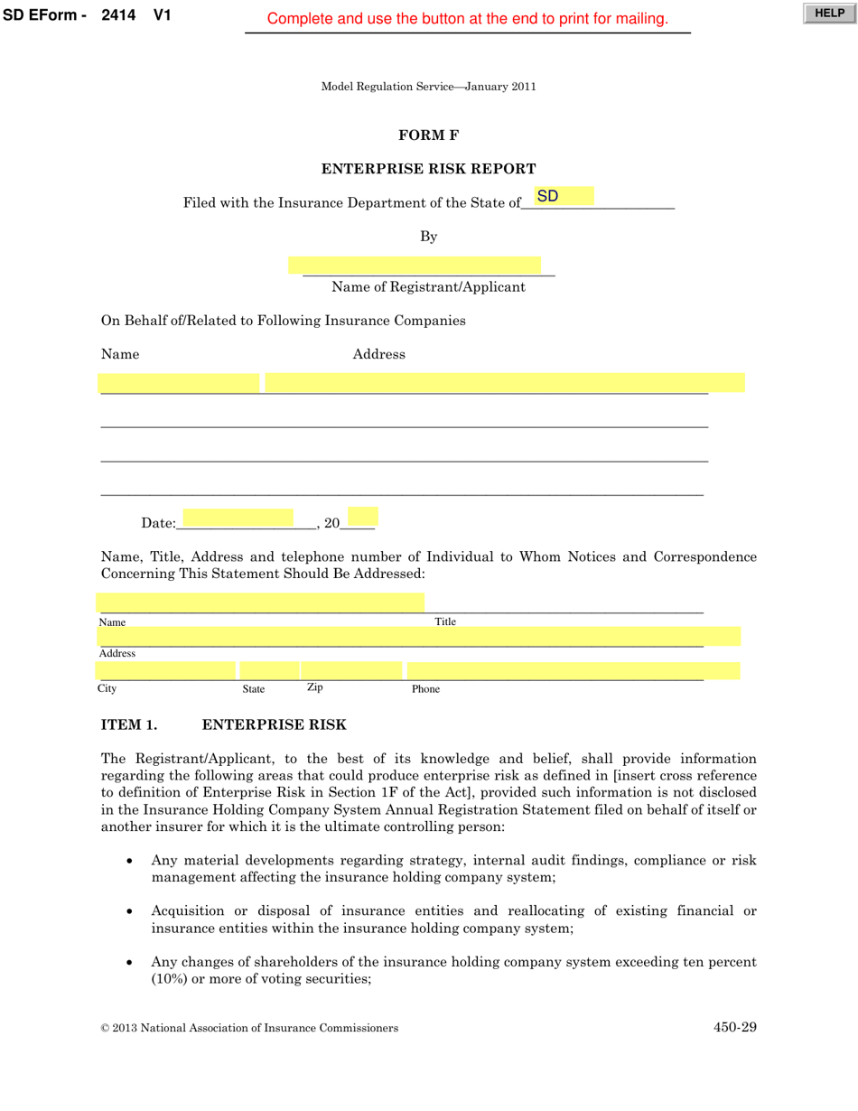 Form F (SD Form 2414) Enterprise Risk Report - South Dakota, Page 1