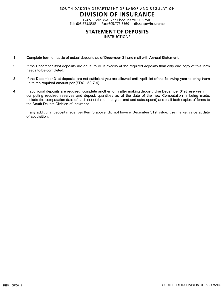 SD Form 1429 HMO Statement of Deposits - South Dakota, Page 1