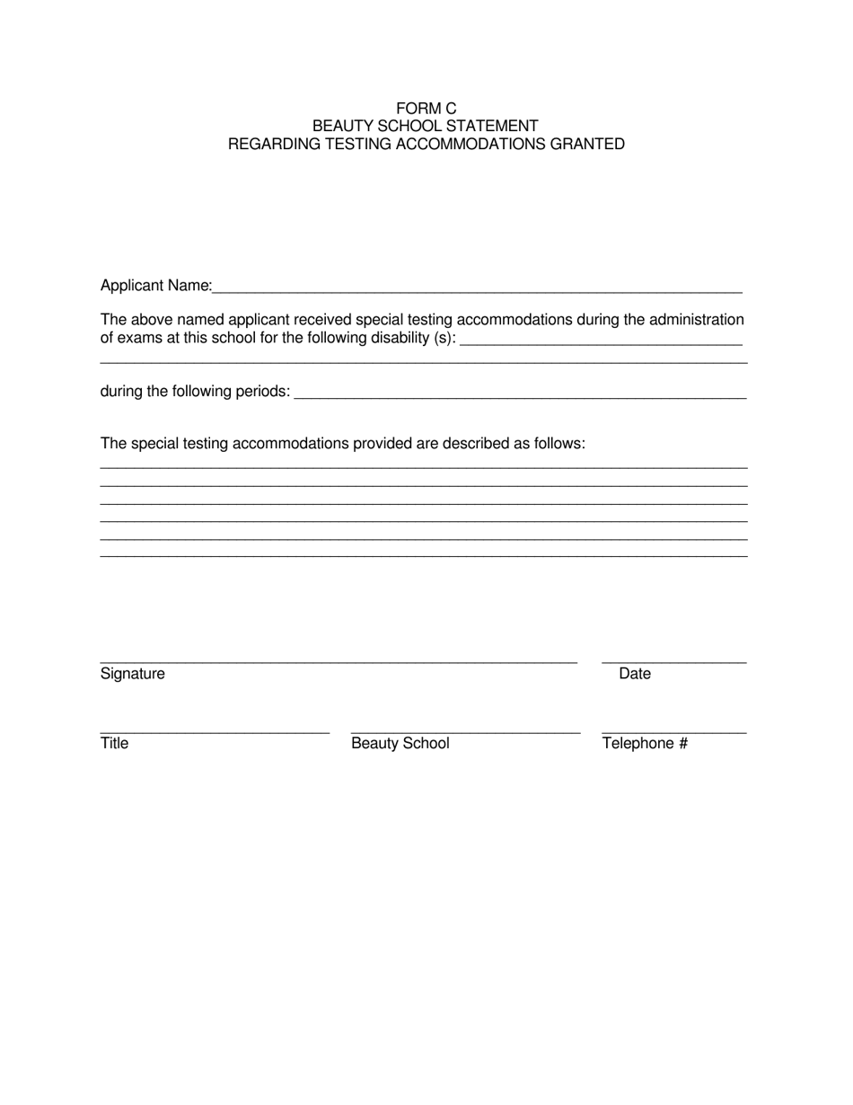 ADA Form C Beauty School Statement Regarding Testing Accommodations Granted - South Dakota, Page 1