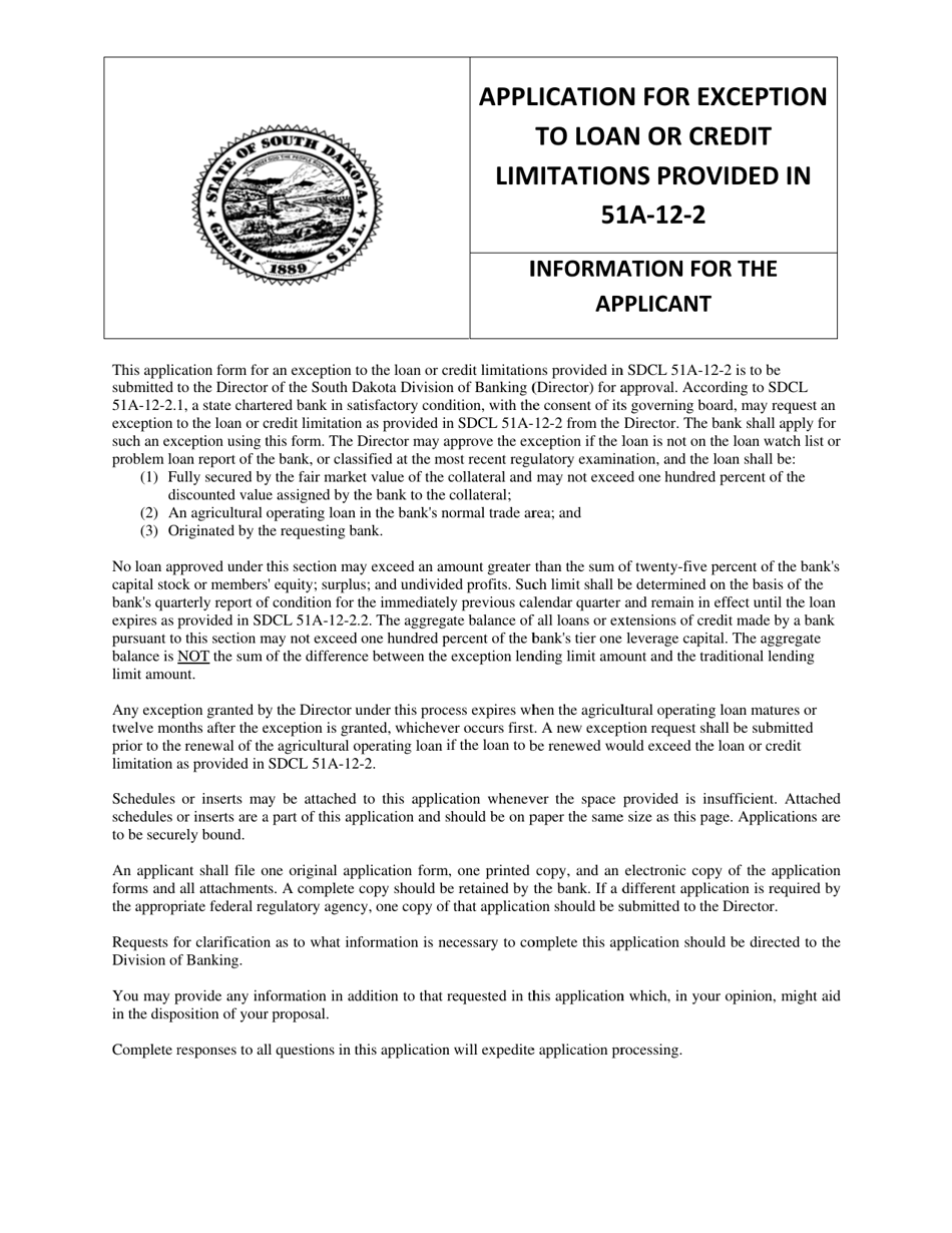 Application for Exception to Loan or Credit Limitations - South Dakota, Page 1