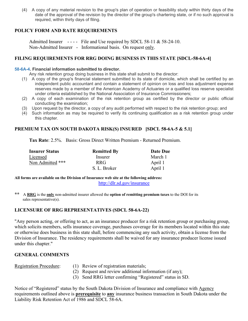 Risk Retention Group (Rrg) Registration Packet to Do the Business of Insurance - South Dakota, Page 3