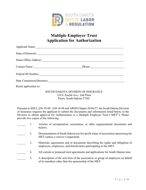 Multiple Employer Trust Application for Authorization - South Dakota Download Pdf