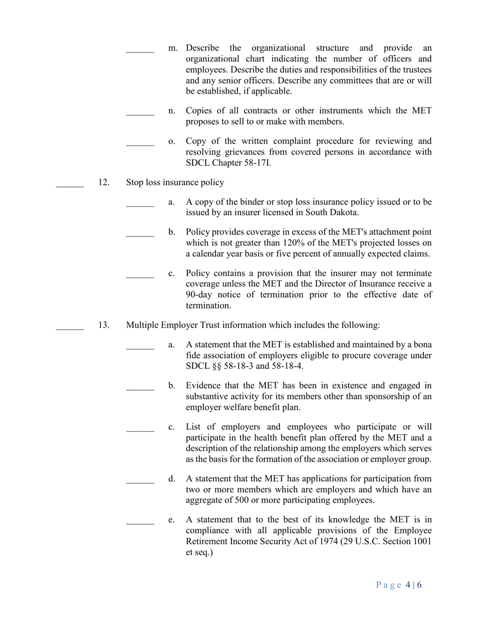 Multiple Employer Trust Application for Authorization - South Dakota, Page 4