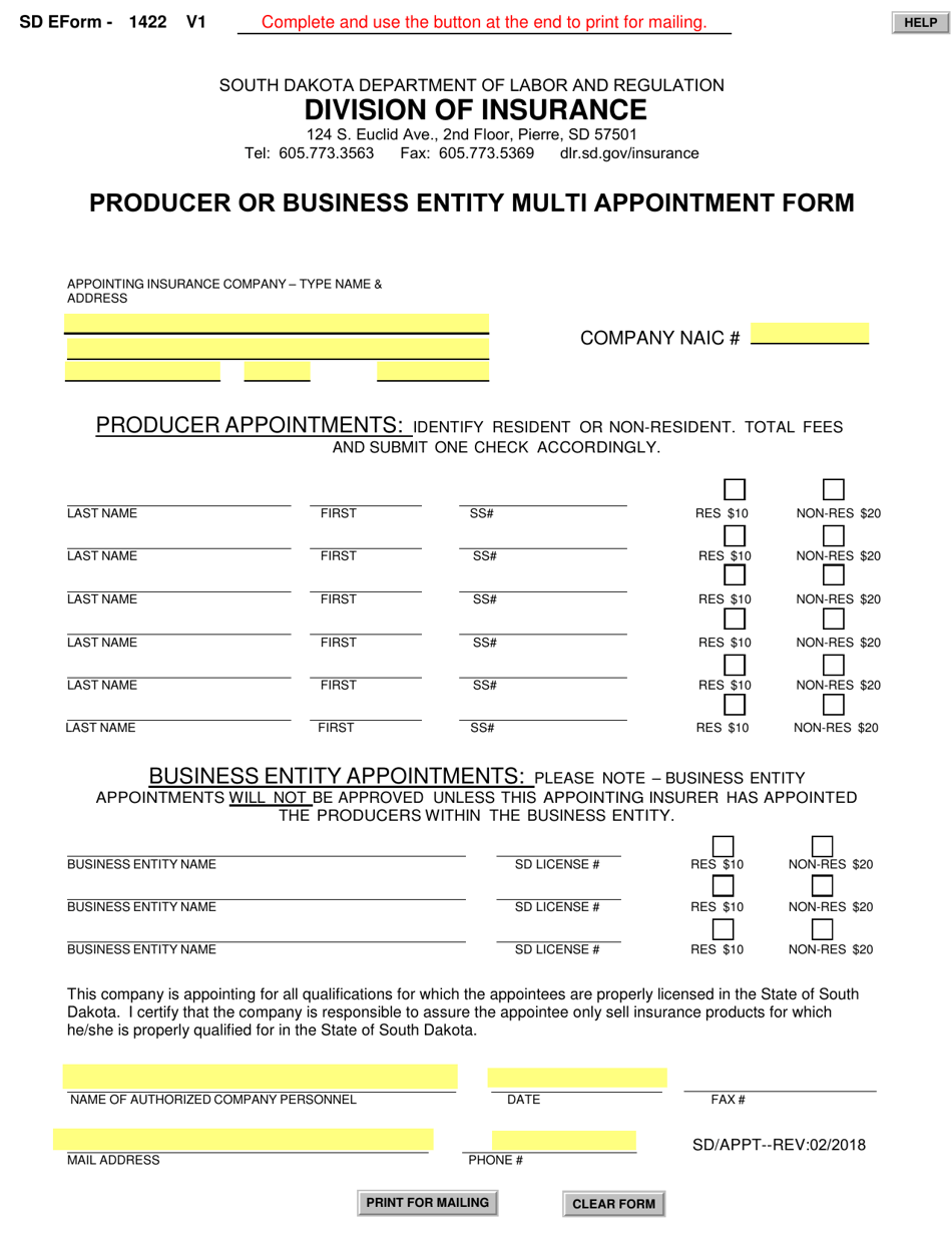 SD Form 1422 Producer or Business Entity Multi Appointment Form - South Dakota, Page 1