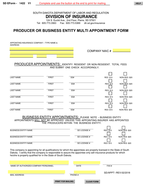 SD Form 1422 Producer or Business Entity Multi Appointment Form - South Dakota