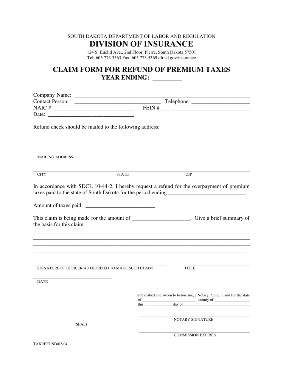 Claim Form for Refund of Premium Taxes - South Dakota, Page 1