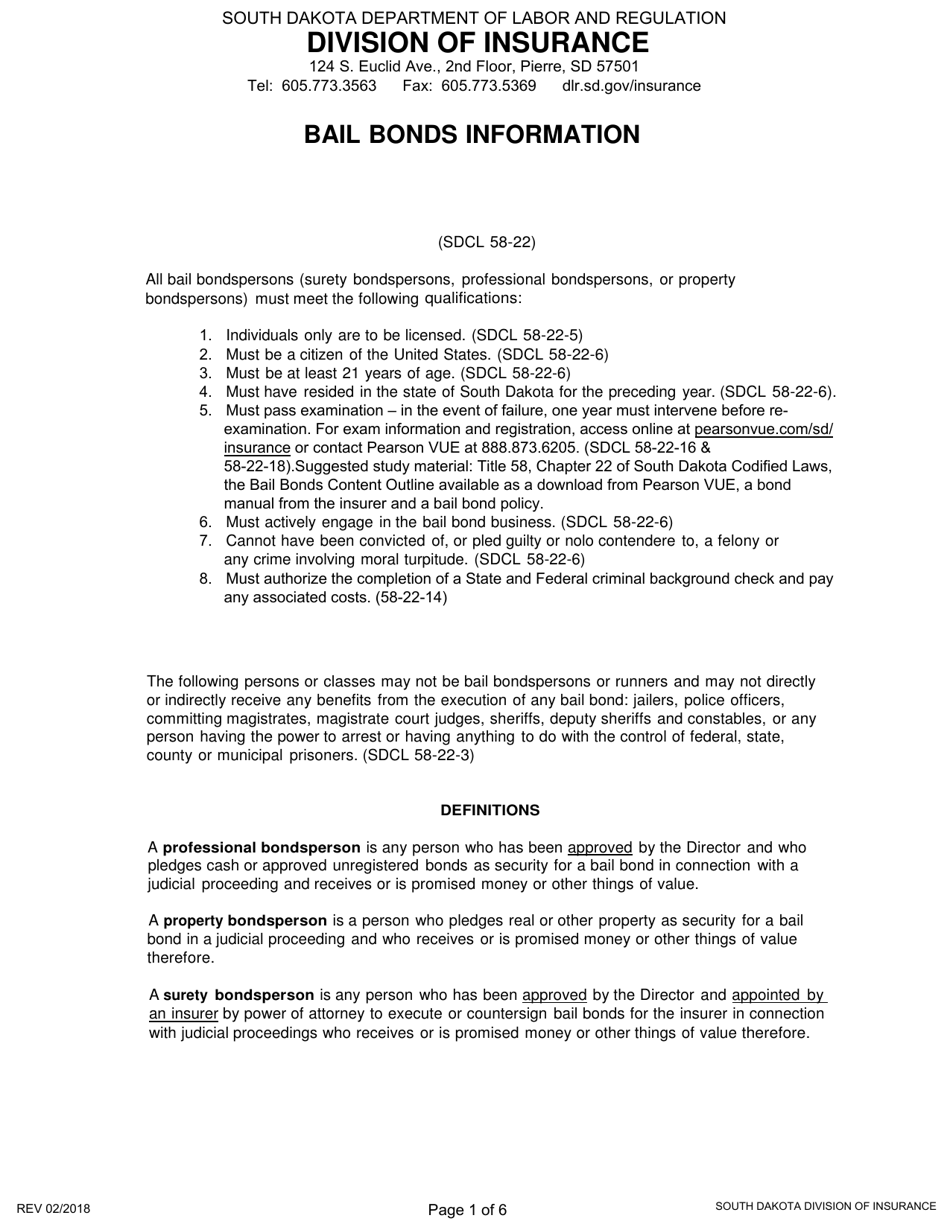SD Form 1852 Application for License as a Bail Bondsperson - South Dakota, Page 1
