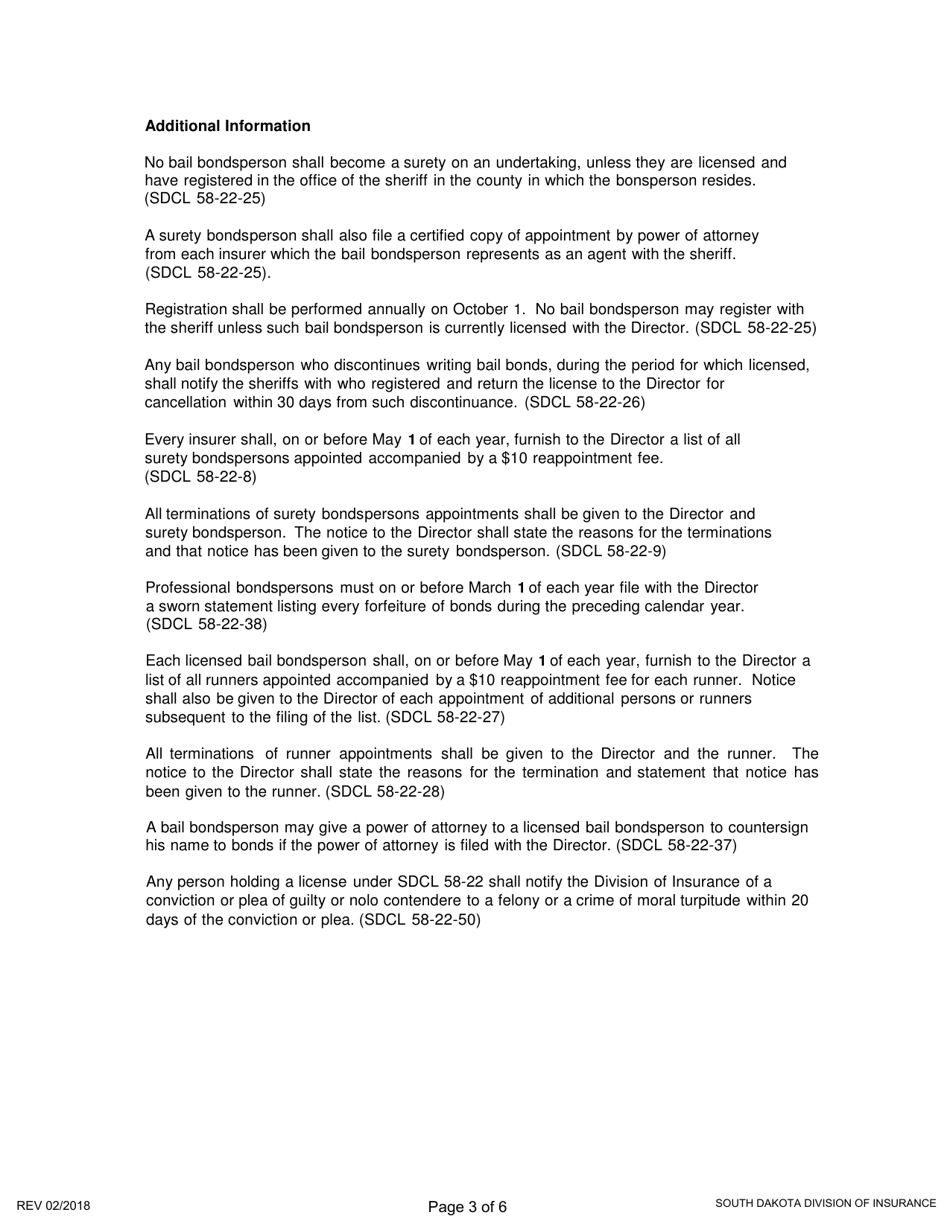 SD Form 1852 Application for License as a Bail Bondsperson - South Dakota, Page 3
