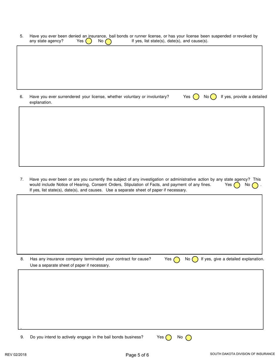 SD Form 1852 Application for License as a Bail Bondsperson - South Dakota, Page 5