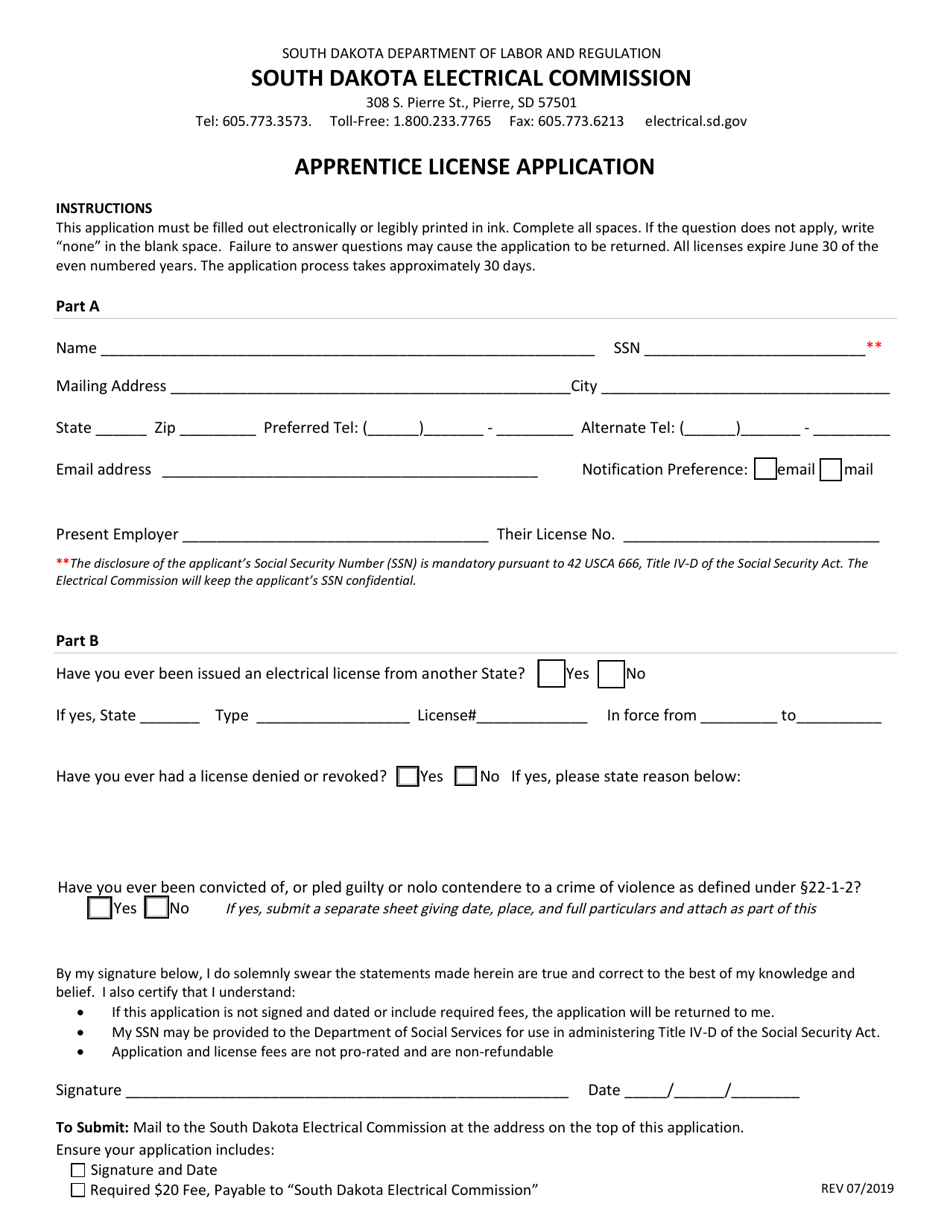 Apprentice License Application - South Dakota, Page 1
