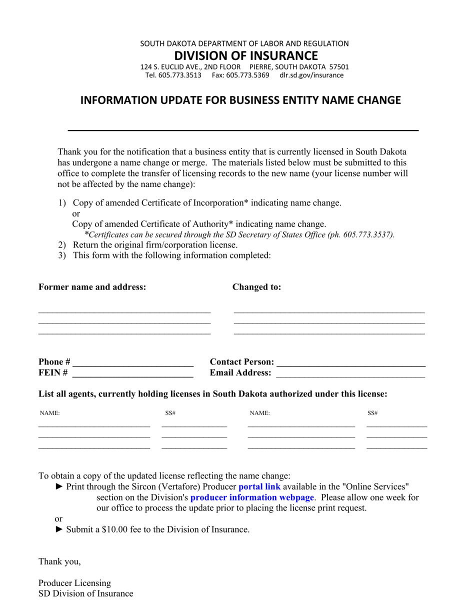 South Dakota Information Update for Business Entity Name Change Fill