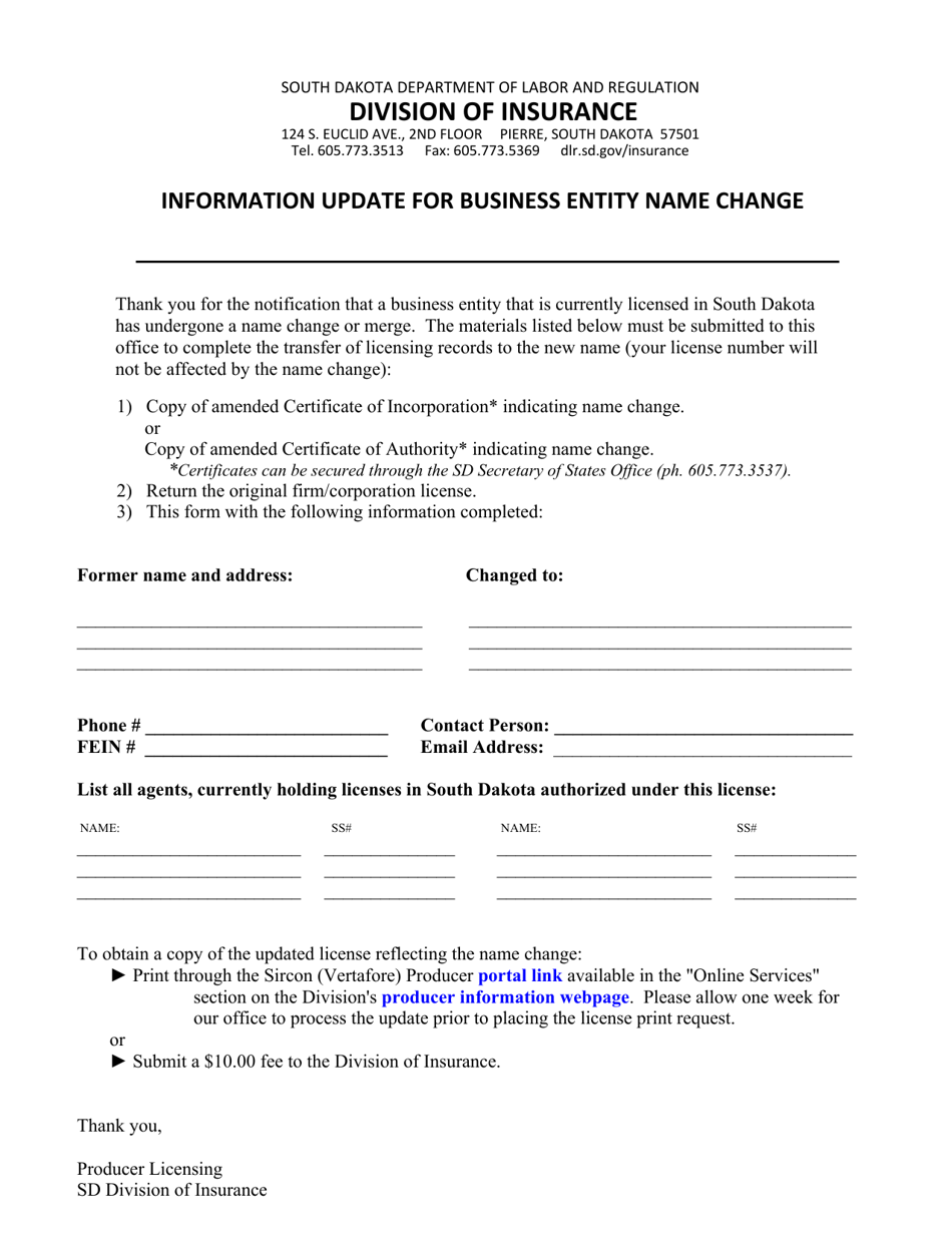 Information Update for Business Entity Name Change - South Dakota, Page 1