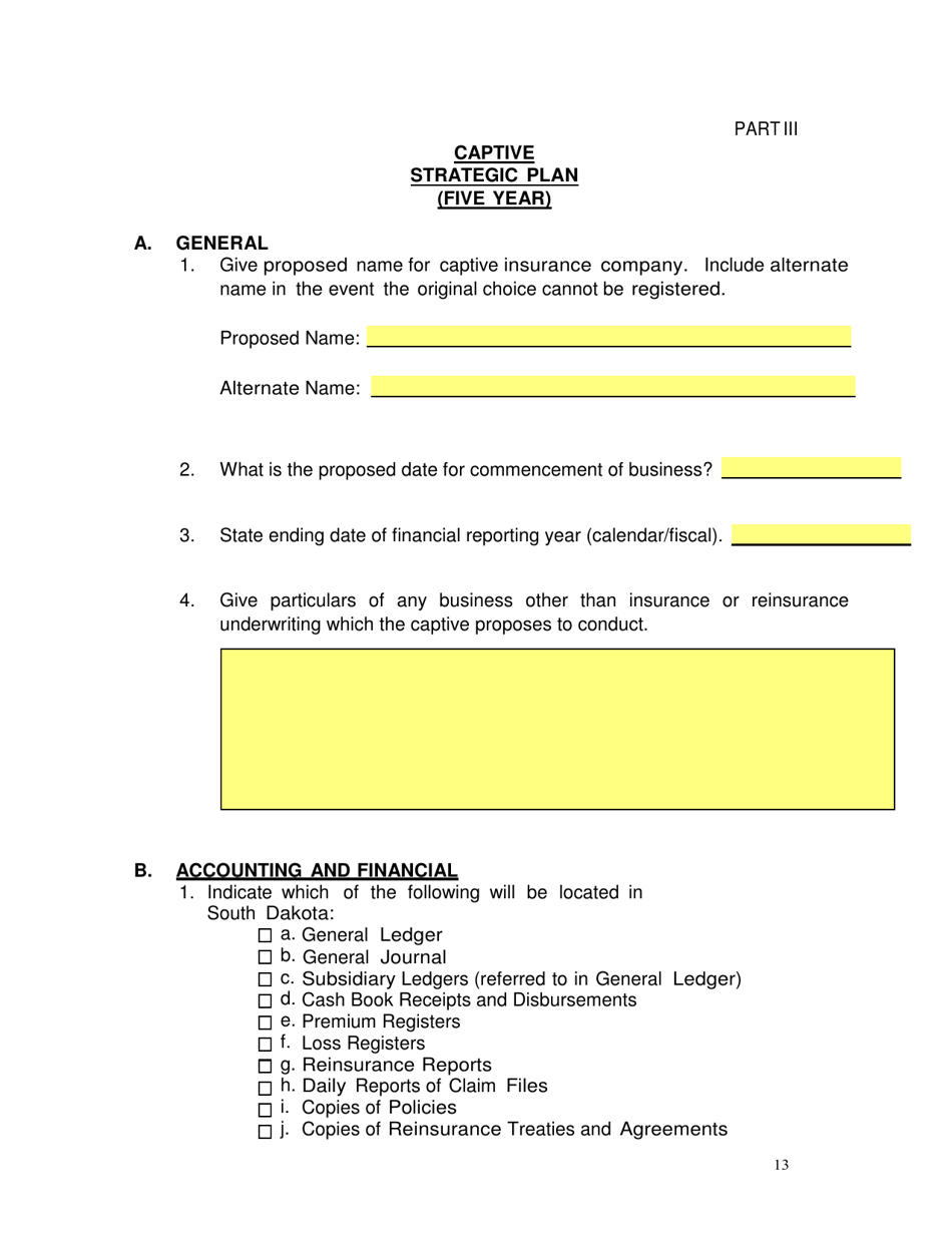 SD Form 2352 Captive Insurance Company Application - South Dakota, Page 13