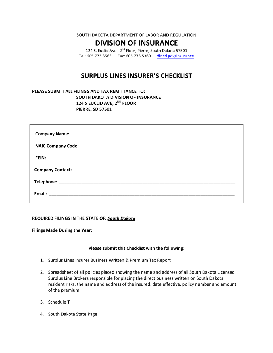 South Dakota Surplus Lines Insurer's Checklist Fill Out, Sign Online