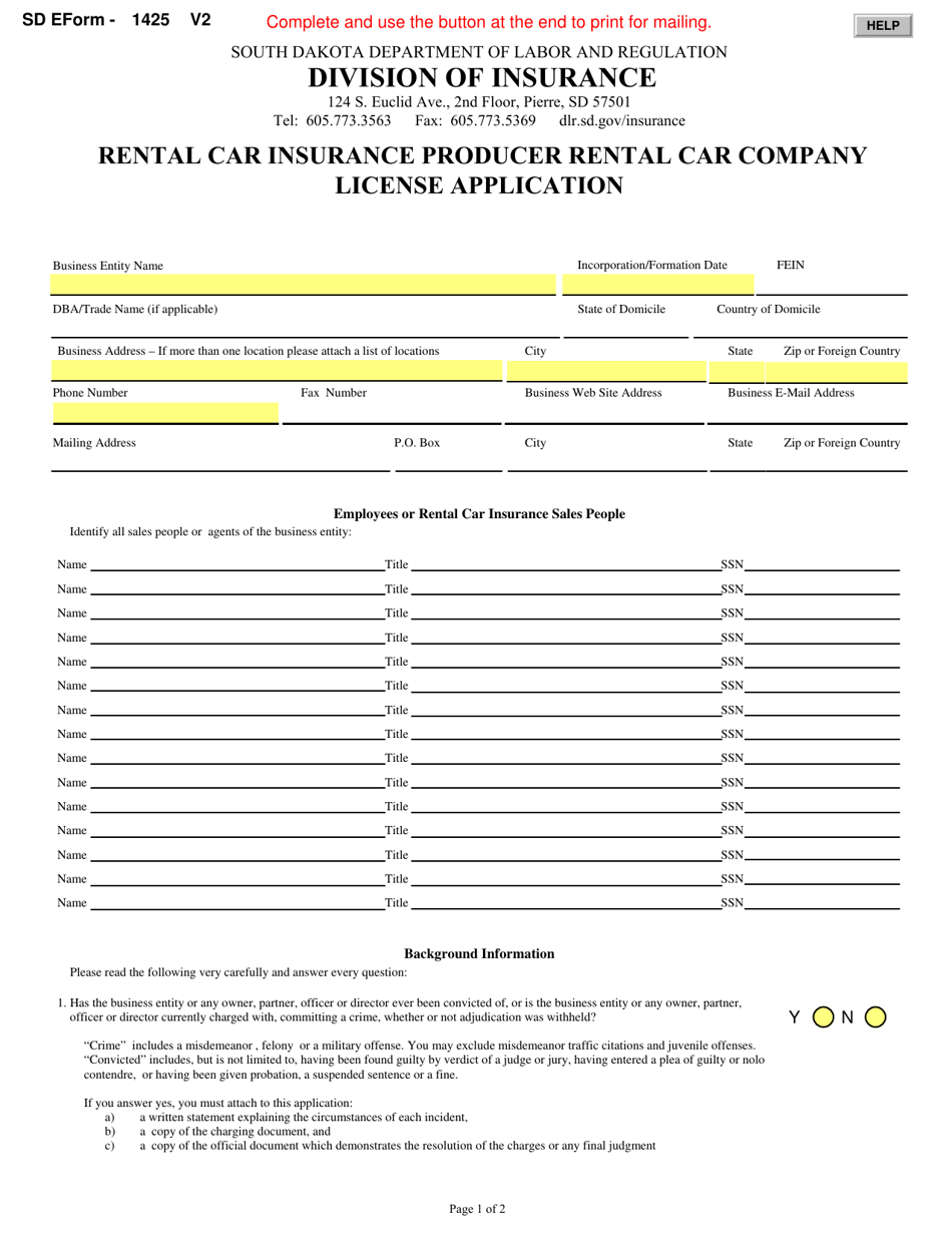 SD Form 1425 Rental Car Insurance Producer Rental Car Company License Application - South Dakota, Page 1