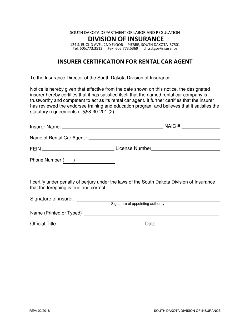 Insurer Certification for Rental Car Agent - South Dakota, Page 1
