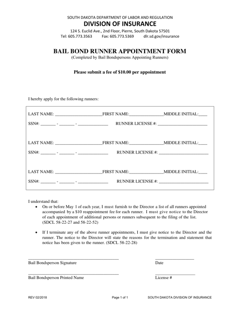 Bail Bond Runner Appointment Form - South Dakota Download Pdf