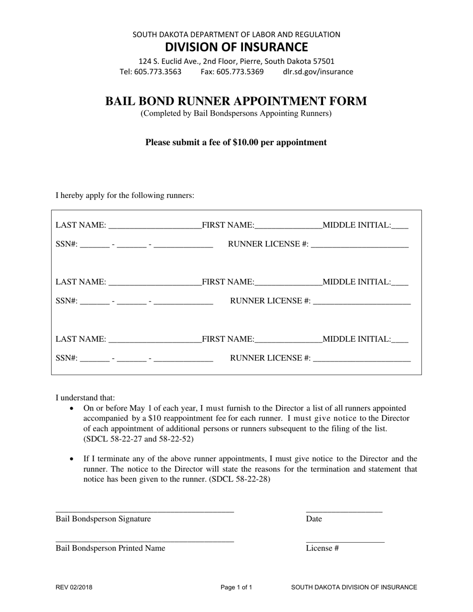 Bail Bond Runner Appointment Form - South Dakota, Page 1