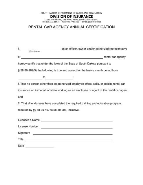 Rental Car Agency Annual Certification - South Dakota Download Pdf