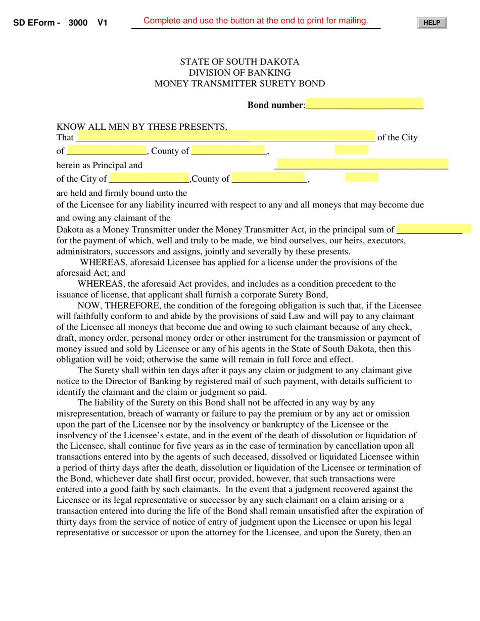 SD Form 3000 Money Transmitter Surety Bond - South Carolina, Page 1