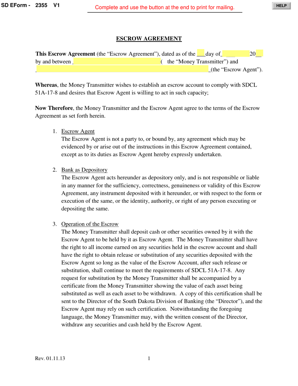 SD Form 2355 Escrow Agreement - South Dakota, Page 1