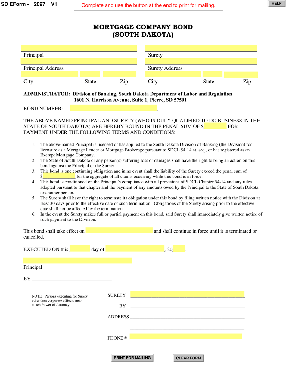 SD Form 2097 Mortgage Company Bond - South Dakota, Page 1