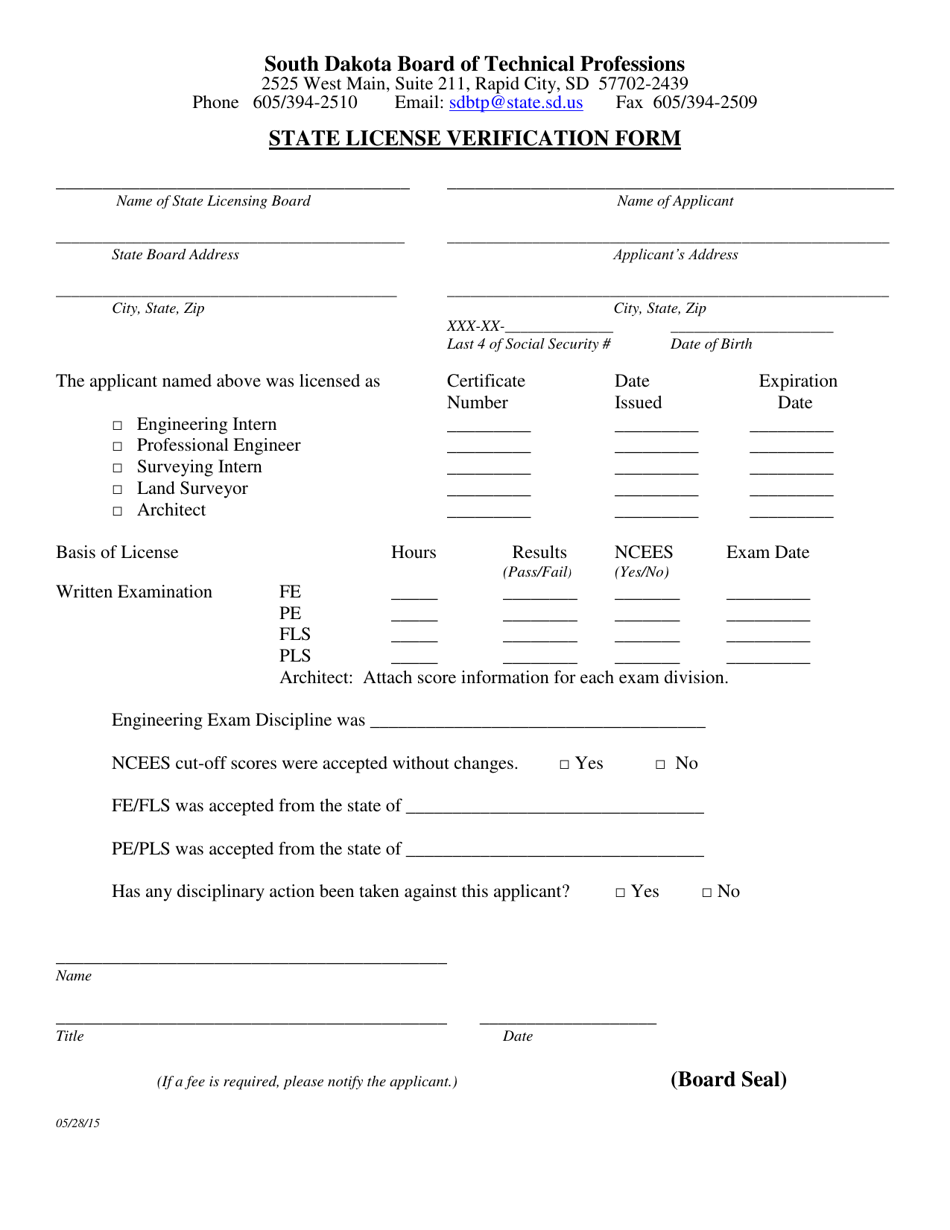 State License Verification Form - South Dakota, Page 1