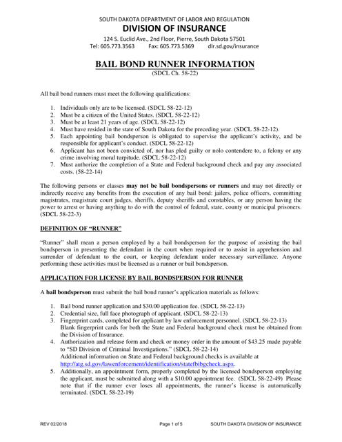 Application for License as a Bail Bond Runner - South Dakota Download Pdf