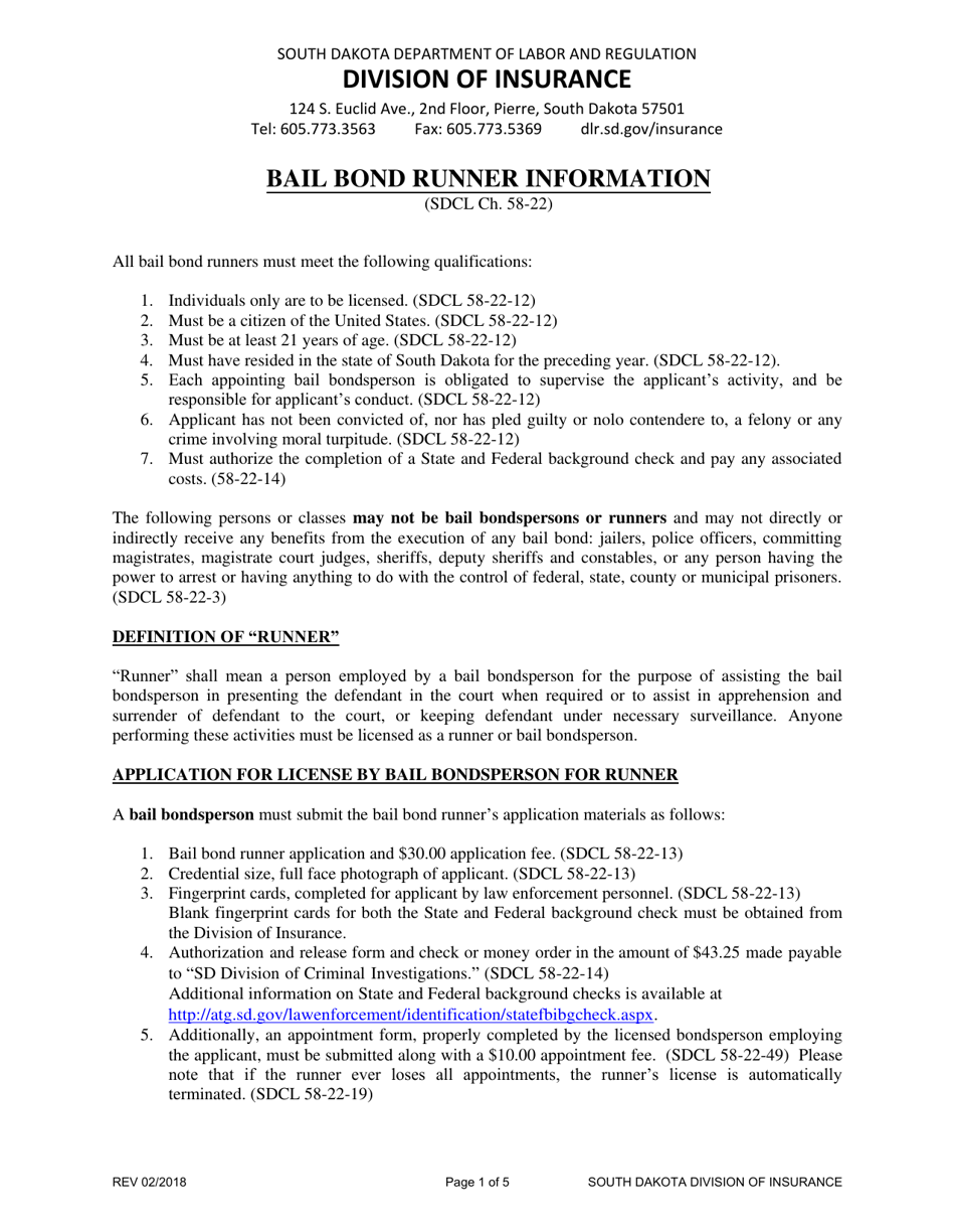 Application for License as a Bail Bond Runner - South Dakota, Page 1