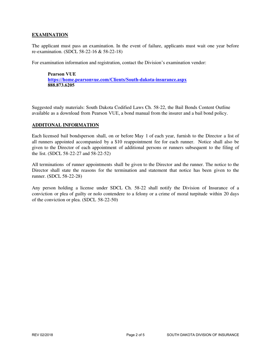Application for License as a Bail Bond Runner - South Dakota, Page 2