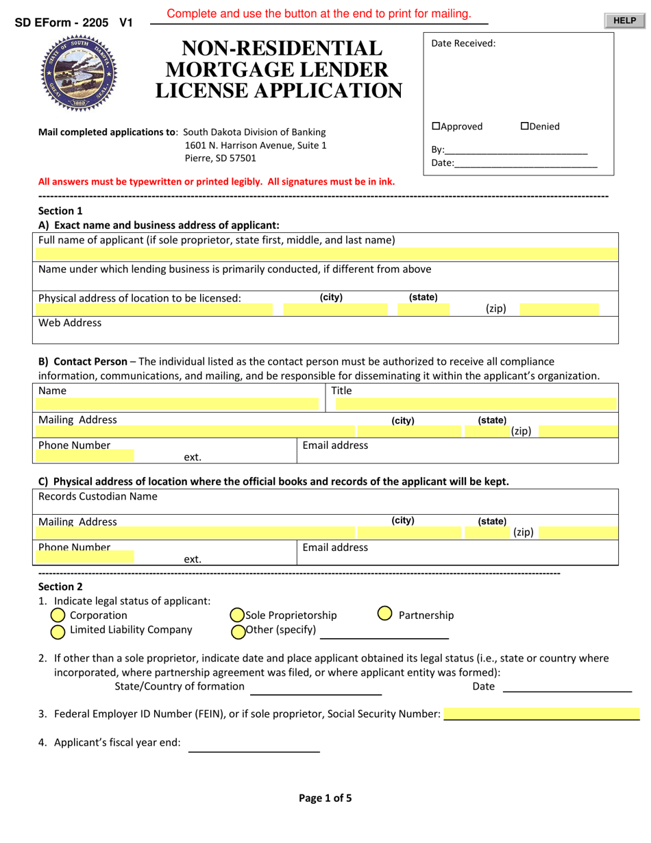 SD Form 2205 Non-residential Mortgage Lender License Application - South Dakota, Page 1