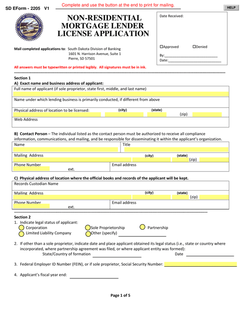 SD Form 2205 Non-residential Mortgage Lender License Application - South Dakota