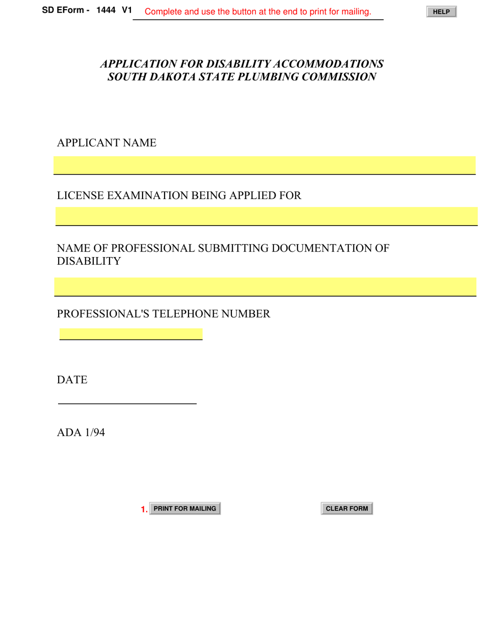 SD Form 1444 Application for Disability Accommodations - South Dakota, Page 1