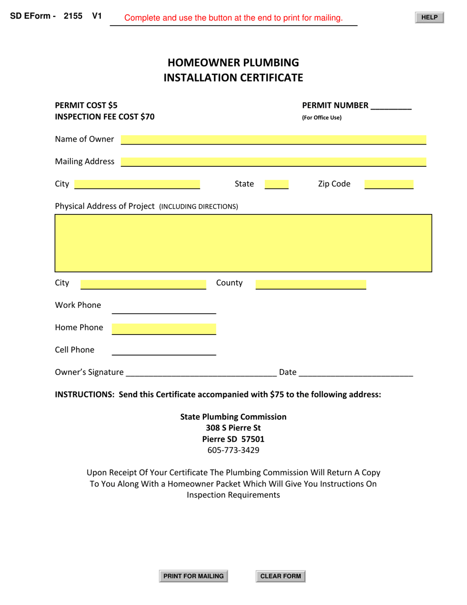 SD Form 2155 Homeowner Plumbing Installation Certificate - South Dakota, Page 1