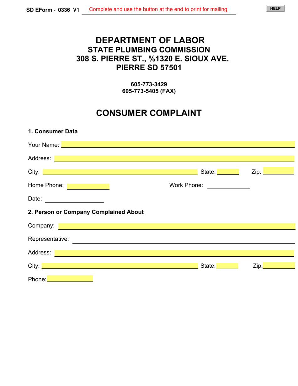 SD Form 0336 Consumer Complaint - South Dakota, Page 1